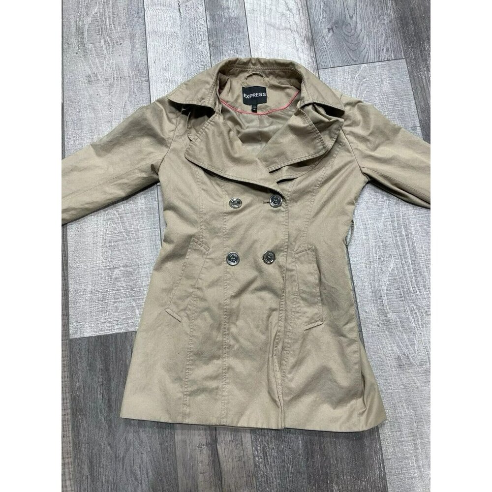 Express Design Studio Women's Trench Coat Tan Size XS Double Breasted Belted
